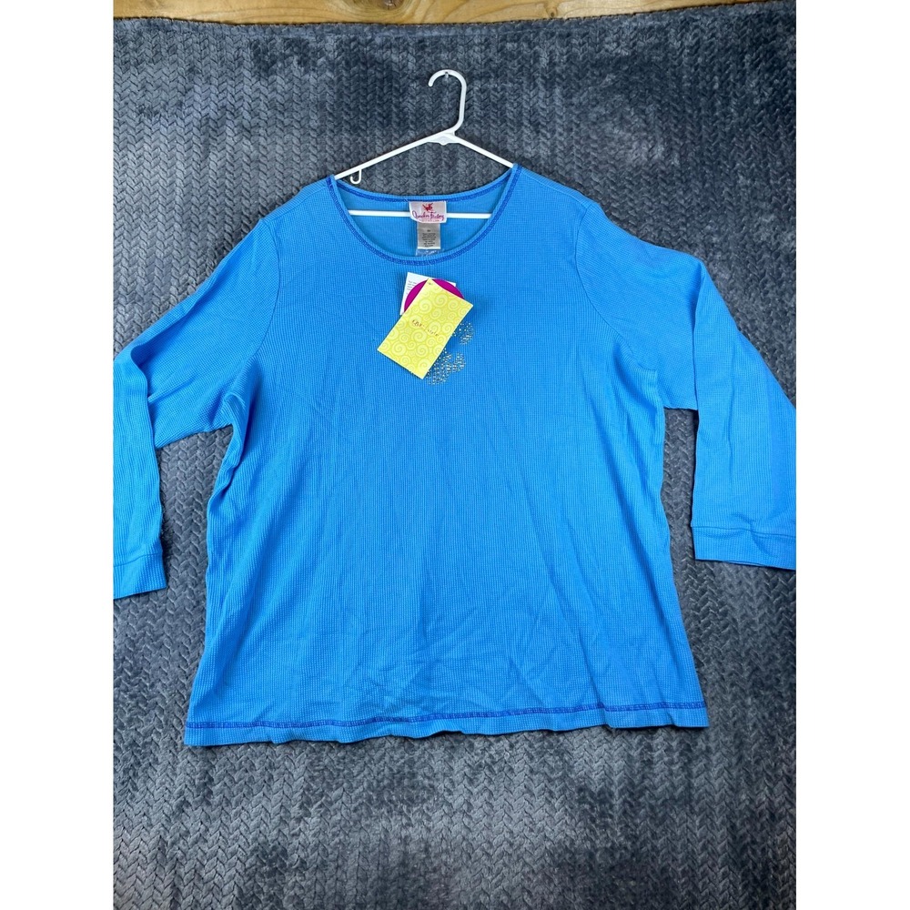 Quacker Factory Thermal Top Womens 3X Blue Textured Cotton Round Neck Casual